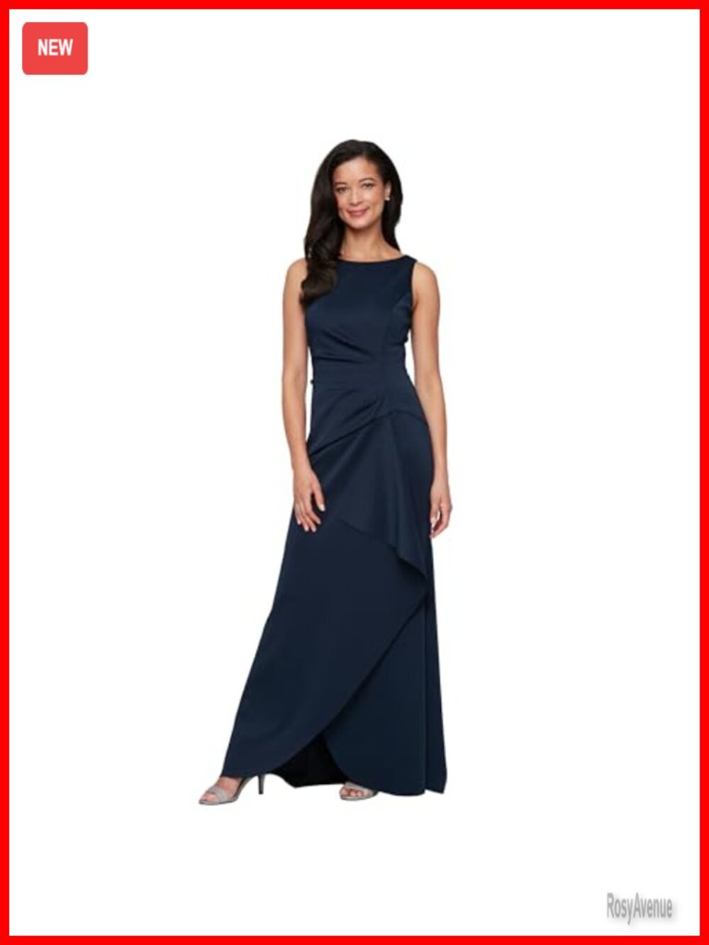 Sleeveless Stretch Scuba Crepe Formal Dress Tucked Waist Cascade Ruffle A-Line